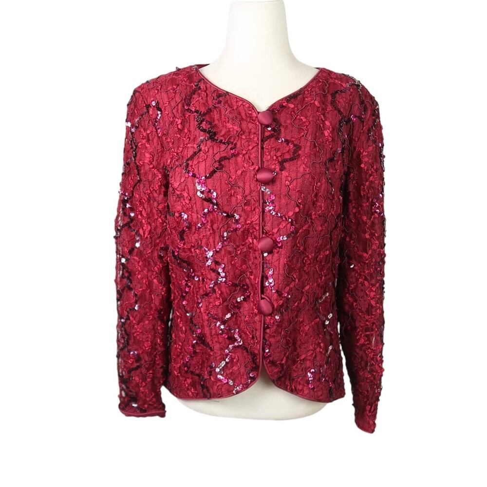 Vintage 90s JS Collections burgundy red sequin jacket 14